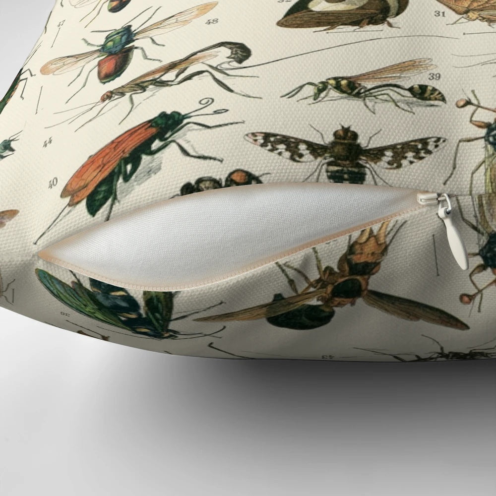 Colorful insect-themed pillow with various insects like ants, moths, crickets, and beetles