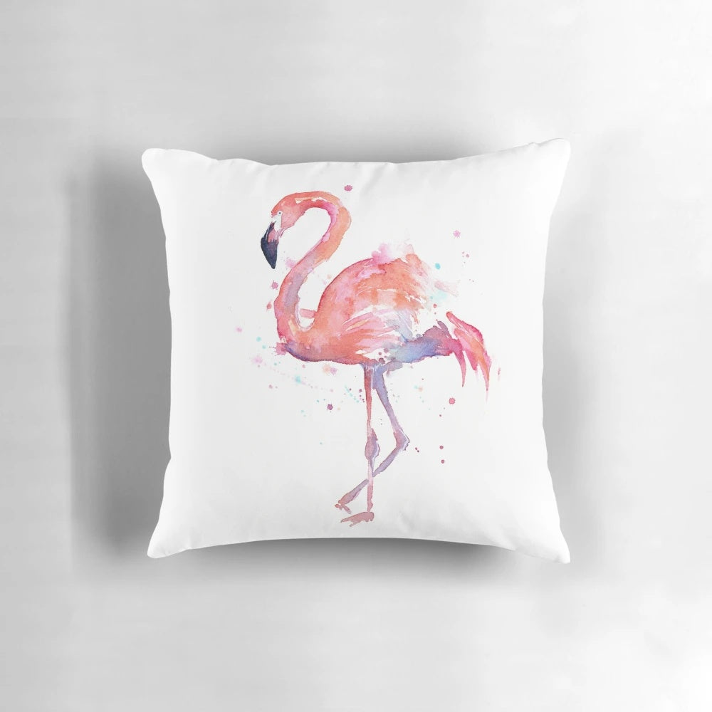 Vibrant pink flamingo watercolor illustration printed on a soft, high-quality pillow