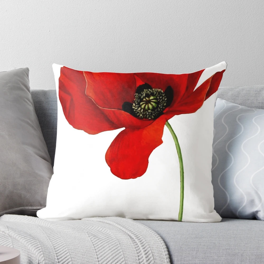 Vibrant red poppy flower decorative pillow for home decor