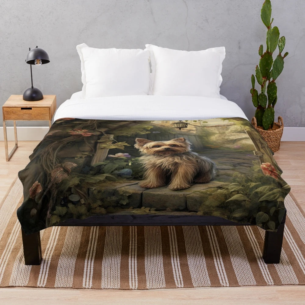 A small, adorable Yorkshire Terrier dog in an old garden setting, depicted in a realistic painting-like style.