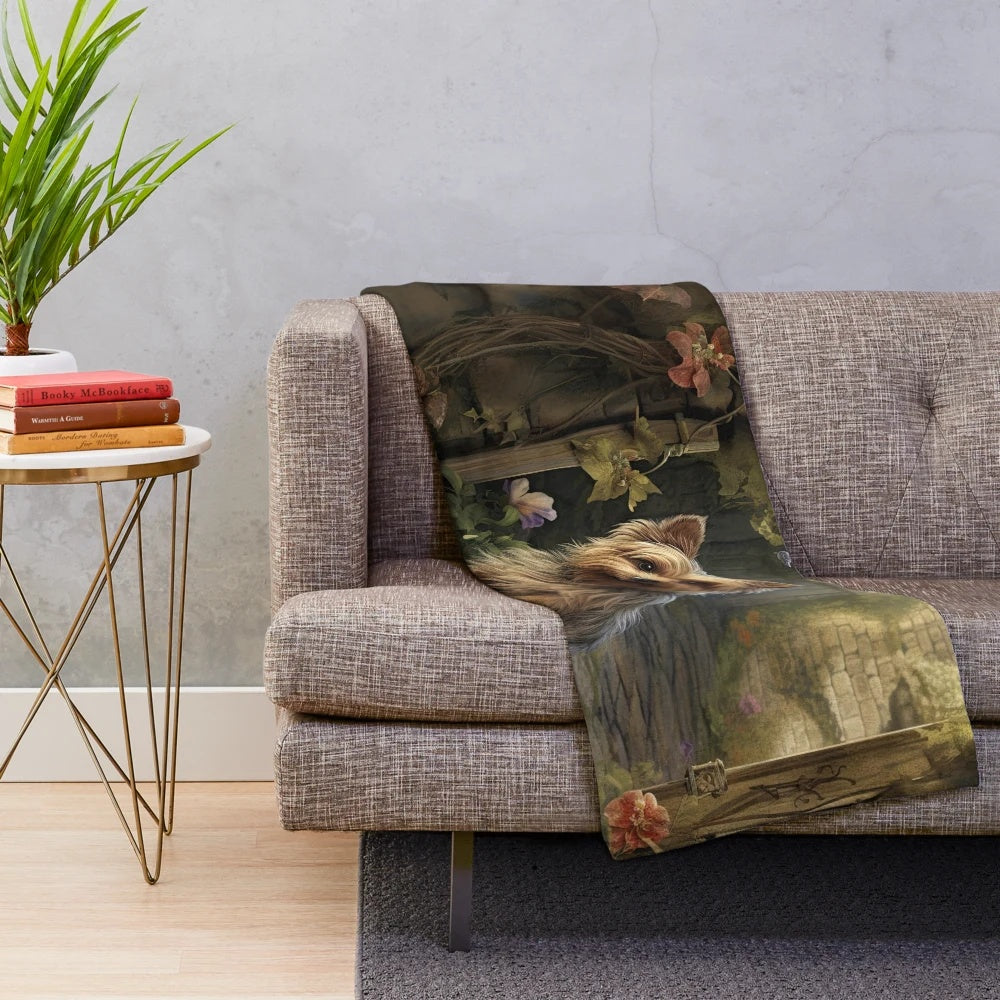 A small, adorable Yorkshire Terrier dog in an old garden setting, depicted in a realistic painting-like style.