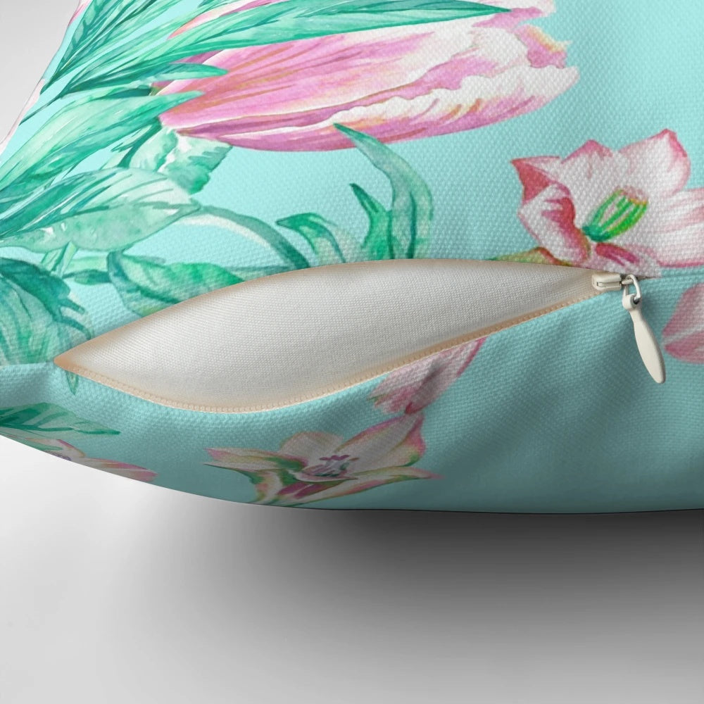 A beautifully hand-painted floral pillow featuring a bold, vibrant peony design.