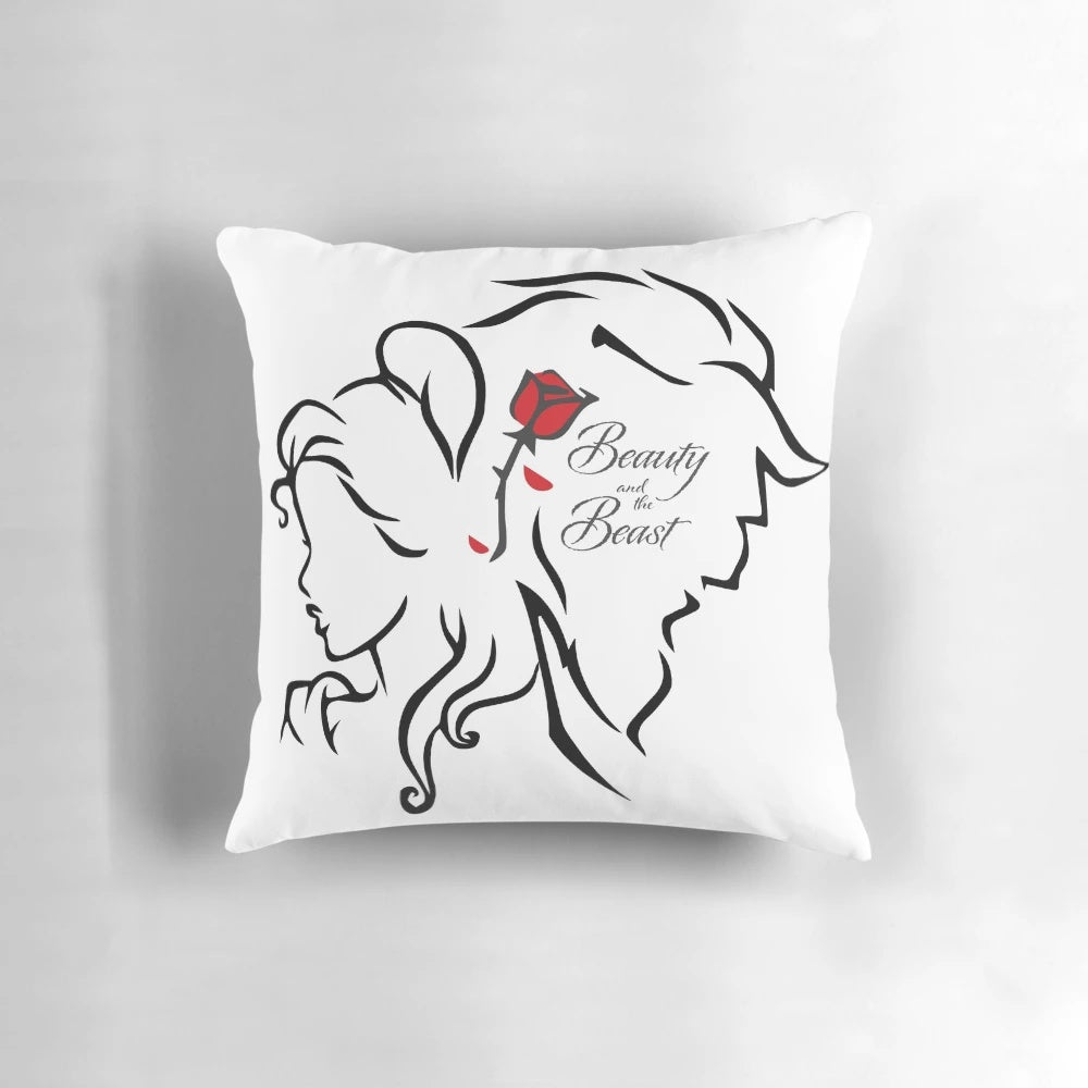 Beauty and the Beast inspired throw pillow with rose and storybook design