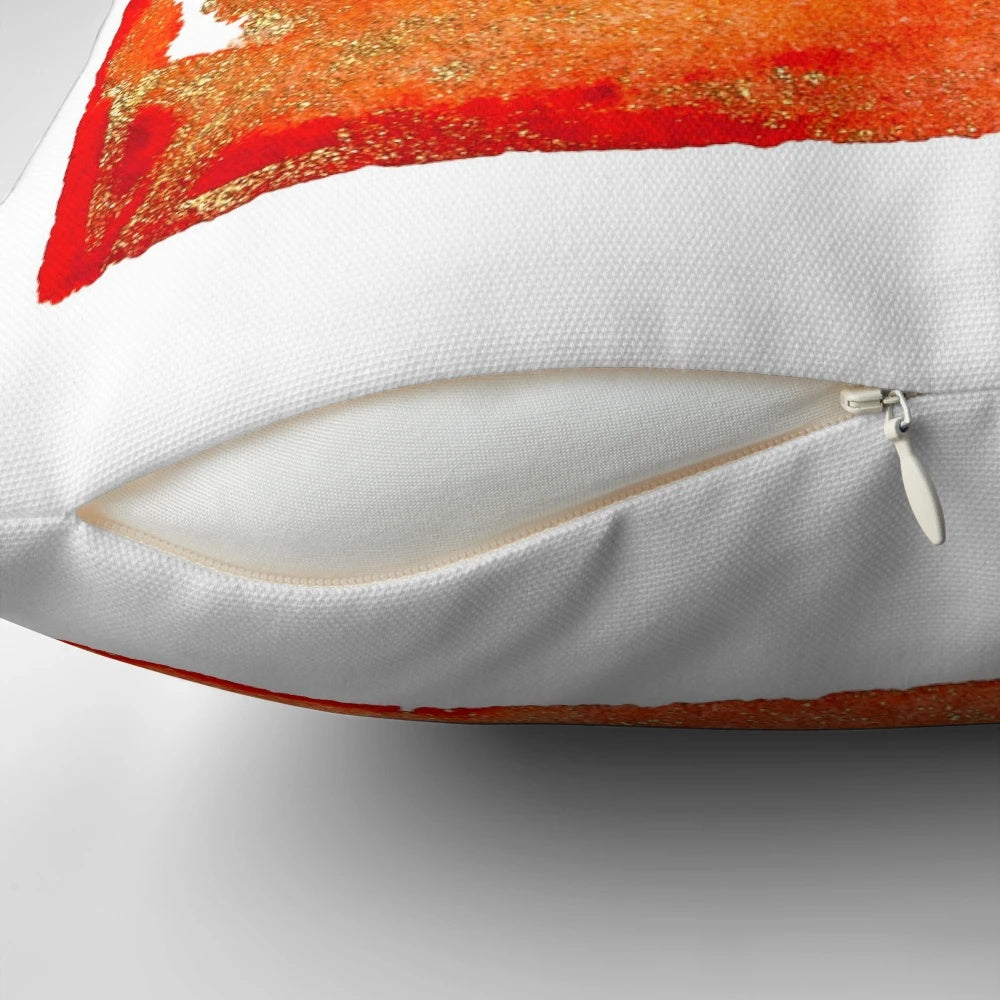 Vibrant abstract watercolor painting in red, orange, and gold tones on a decorative throw pillow design.