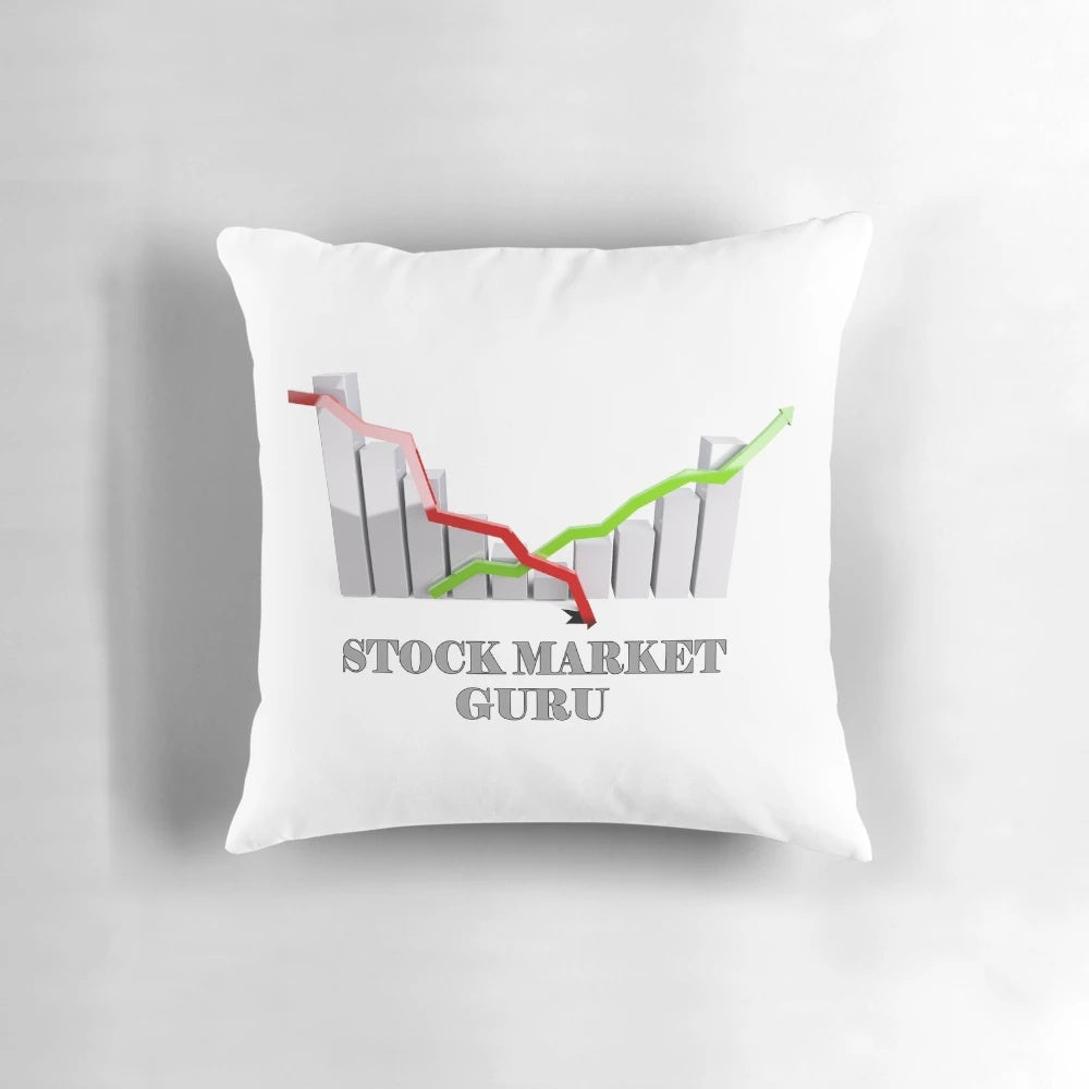 A plush pillow with the text "Stock Market Guru" printed on it, a perfect accessory for the modern work-from-home professional.
