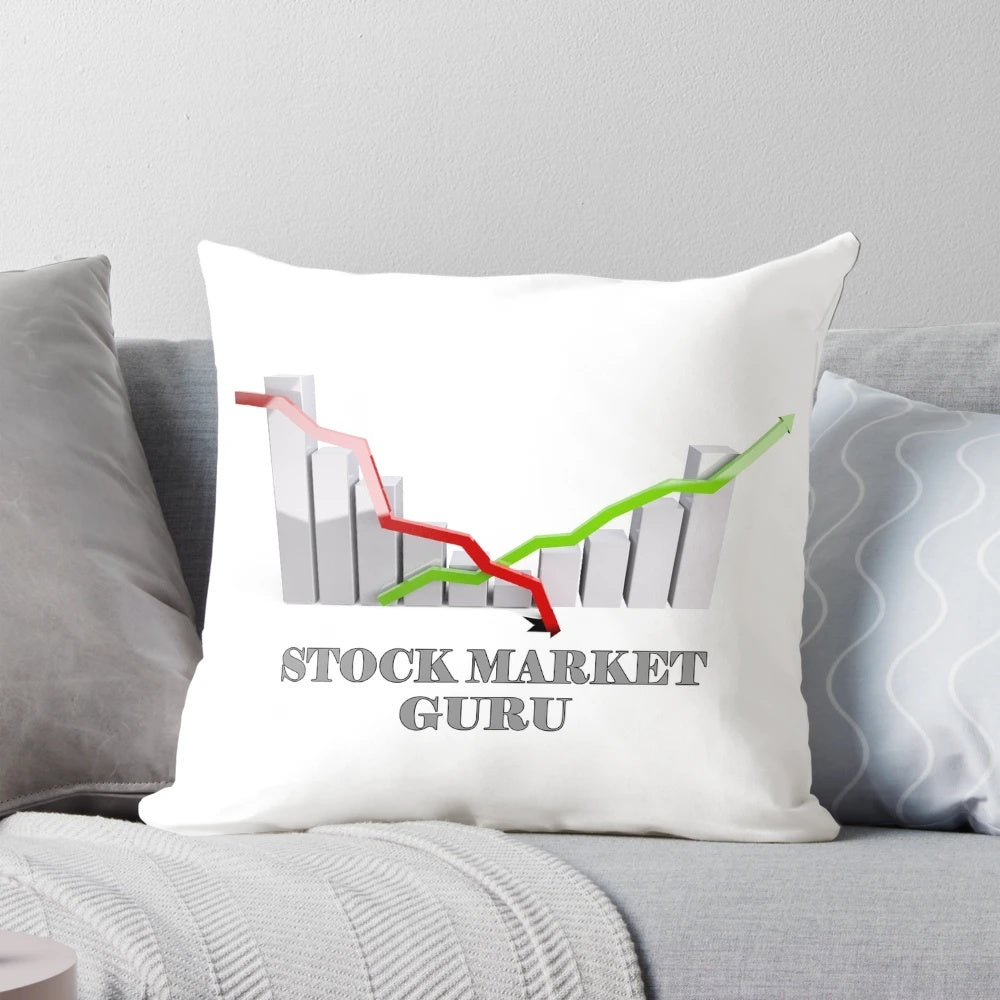 A plush pillow with the text "Stock Market Guru" printed on it, a perfect accessory for the modern work-from-home professional.