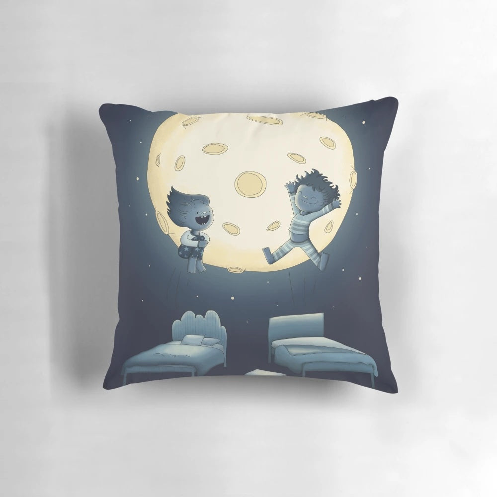 A cozy pillow with a night sky design, perfect for snuggling sleepy kids at bedtime.