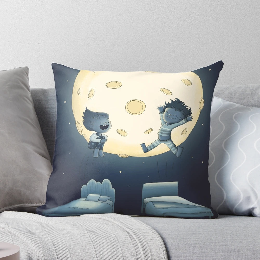 A cozy pillow with a night sky design, perfect for snuggling sleepy kids at bedtime.