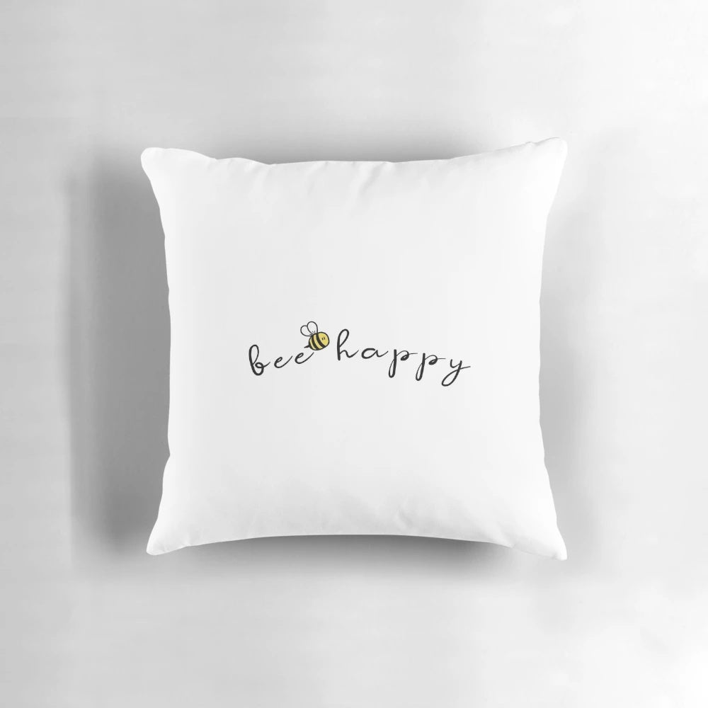 Bee Happy decorative pillow with a cheerful design featuring a bee, sunshine, and a positive message