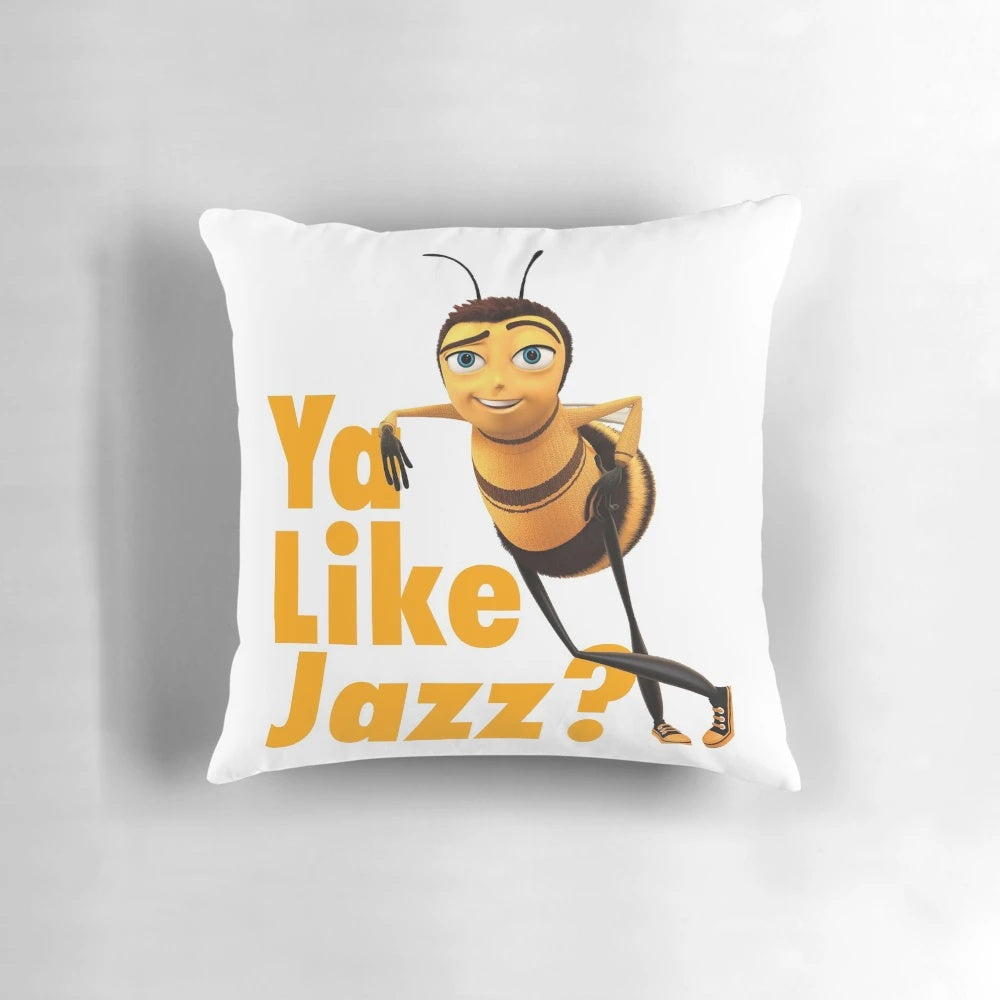 Decorative pillow featuring a "Ya Like Jazz?" design, inspired by the popular "Bee Movie" meme.