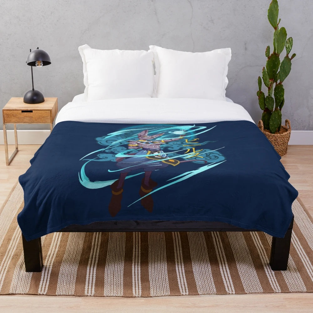 Beerus the Destroyer inspired plush blanket featuring the iconic character from Dragon Ball Super
