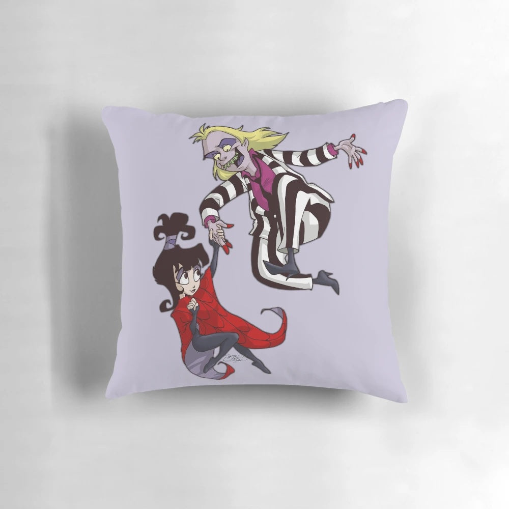 Beetlejuice and Lydia Deetz themed throw pillow with vibrant, gothic design