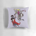 Beetlejuice and Lydia Deetz themed throw pillow with vibrant, gothic design