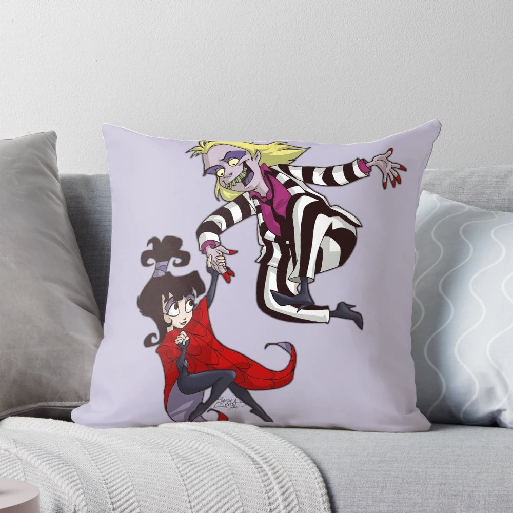 Beetlejuice and Lydia Deetz themed throw pillow with vibrant, gothic design
