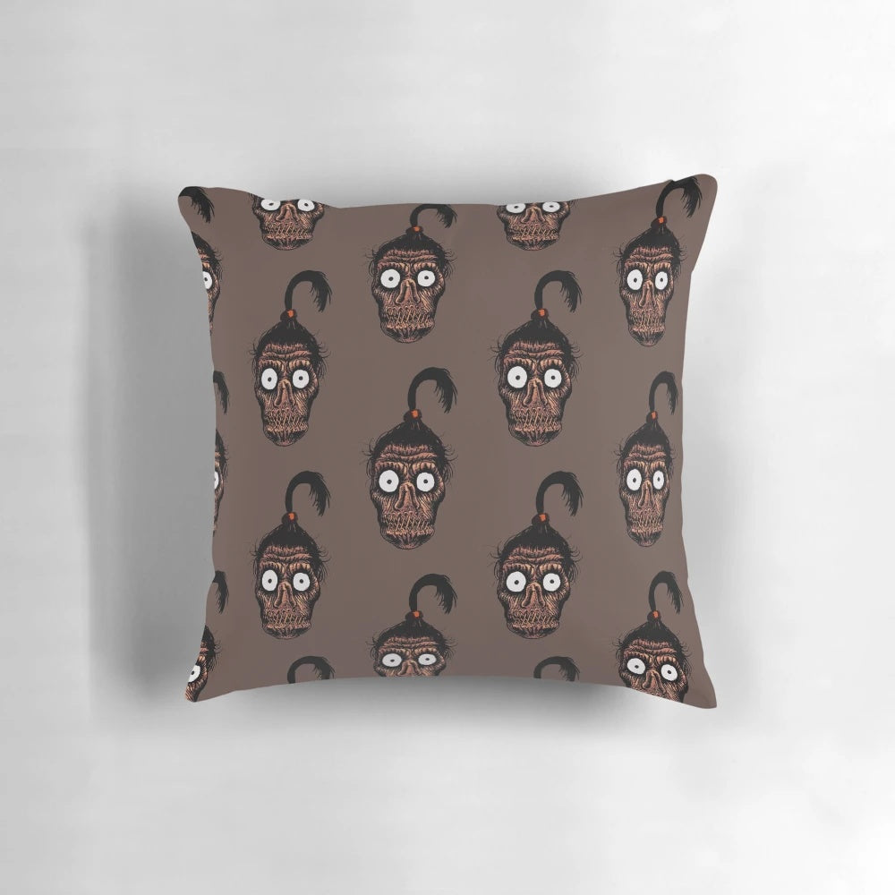 A Beetlejuice-themed Halloween pillow featuring a seamless horror pattern with spooky elements.