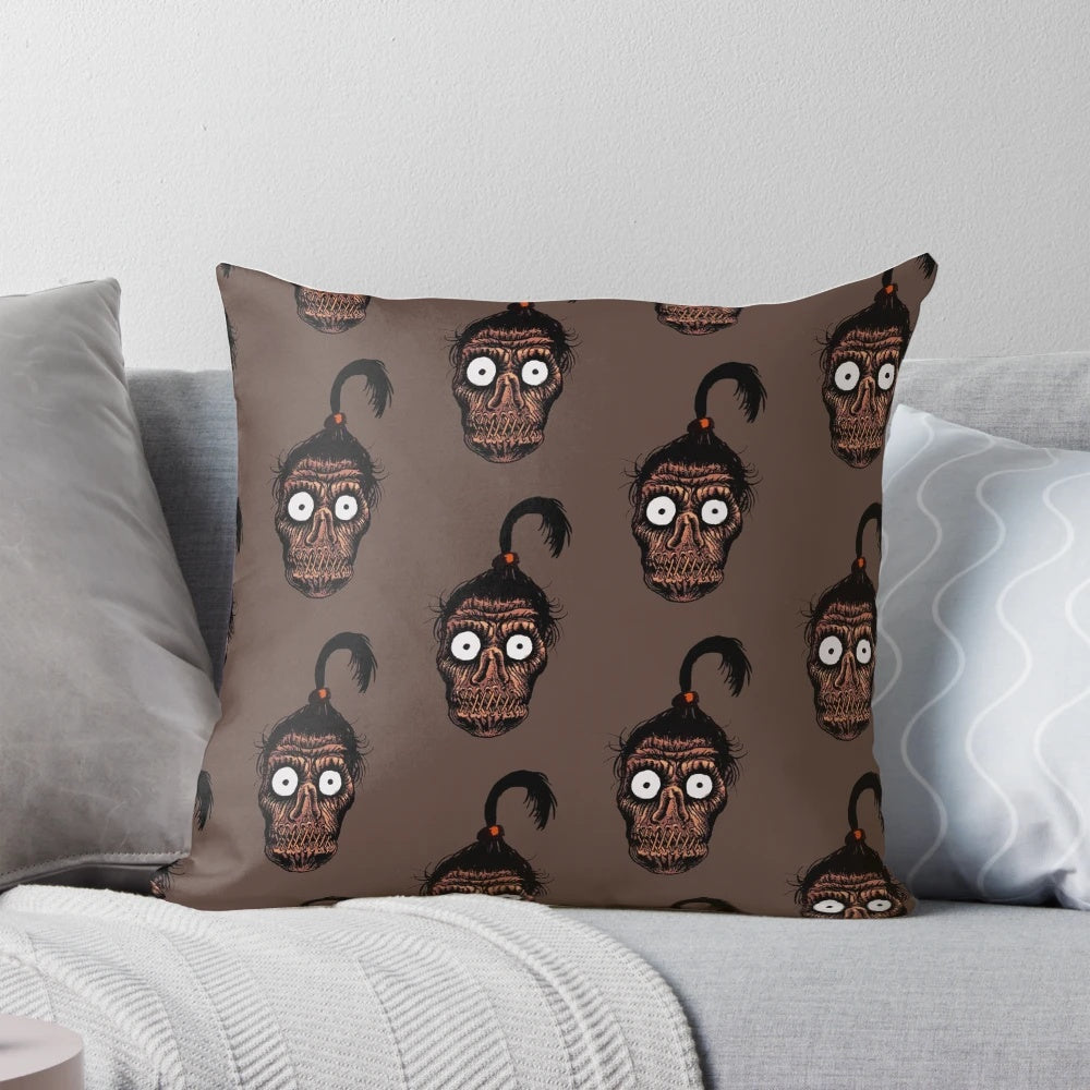 A Beetlejuice-themed Halloween pillow featuring a seamless horror pattern with spooky elements.