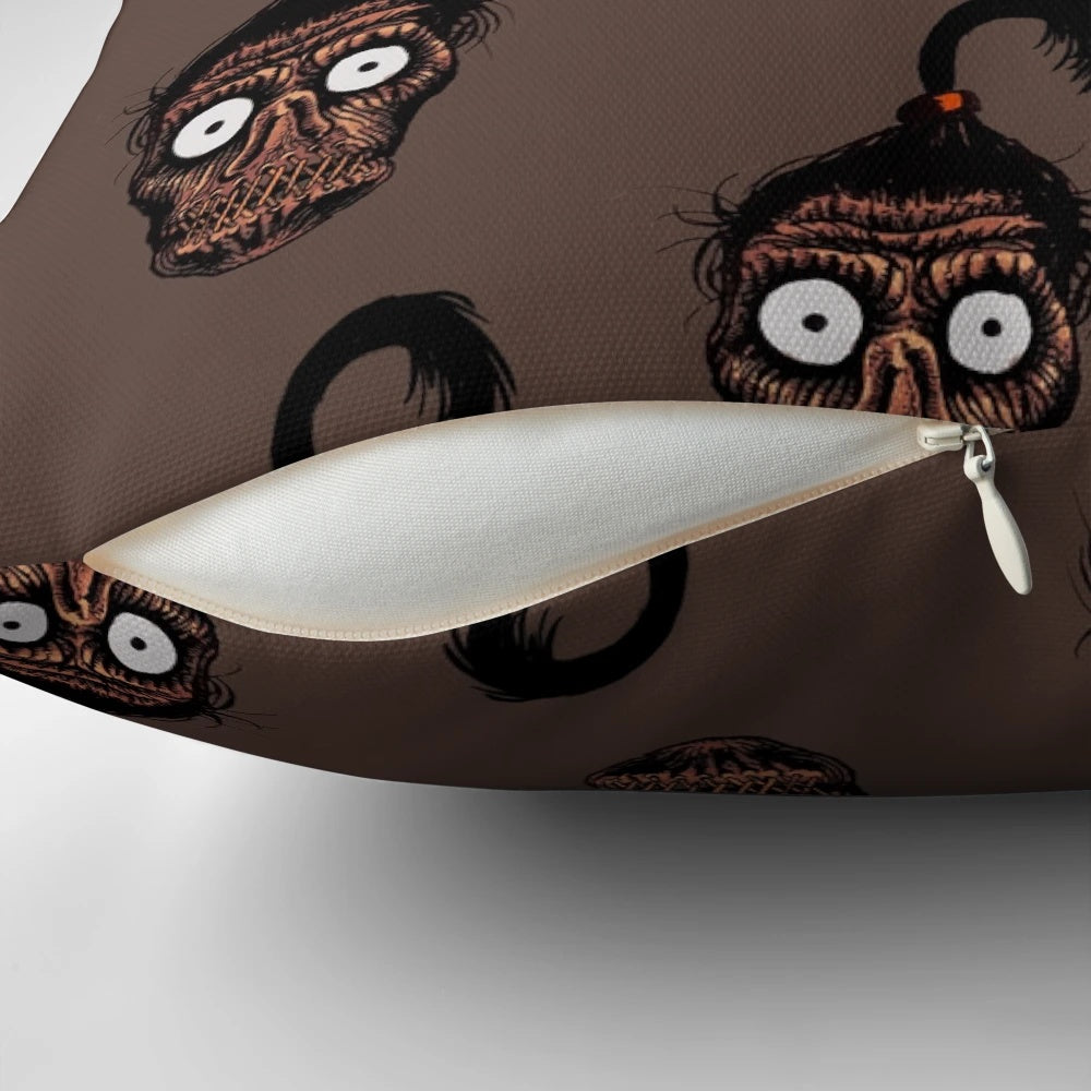 A Beetlejuice-themed Halloween pillow featuring a seamless horror pattern with spooky elements.
