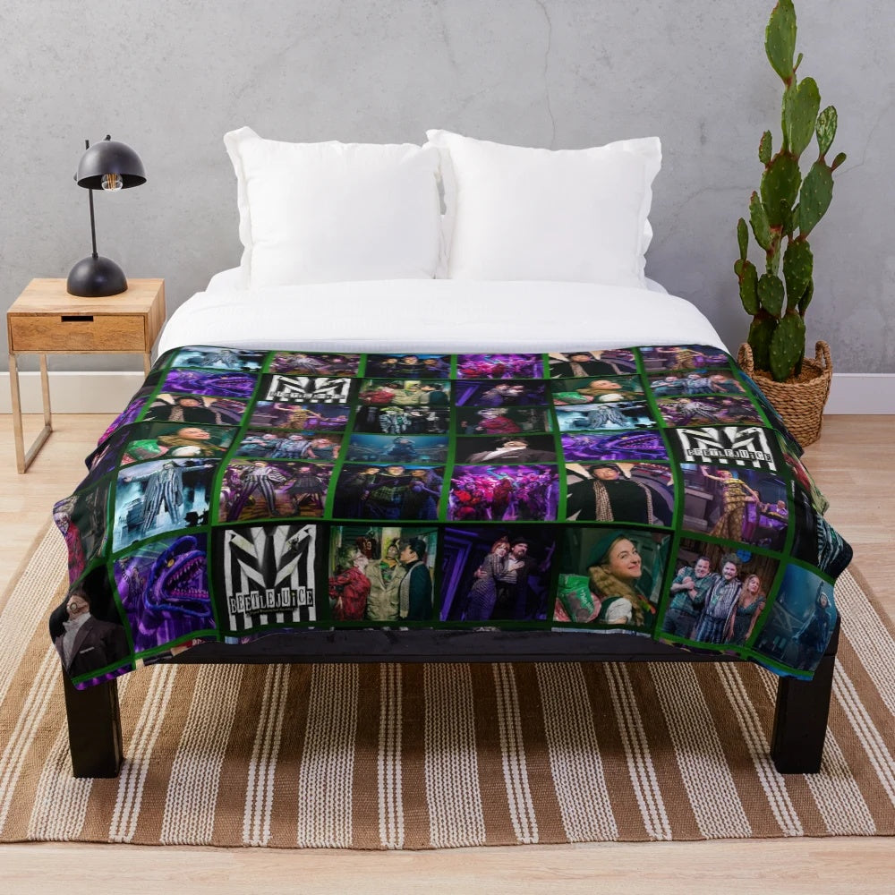 Beetlejuice-inspired plush blanket with the iconic character and musical design