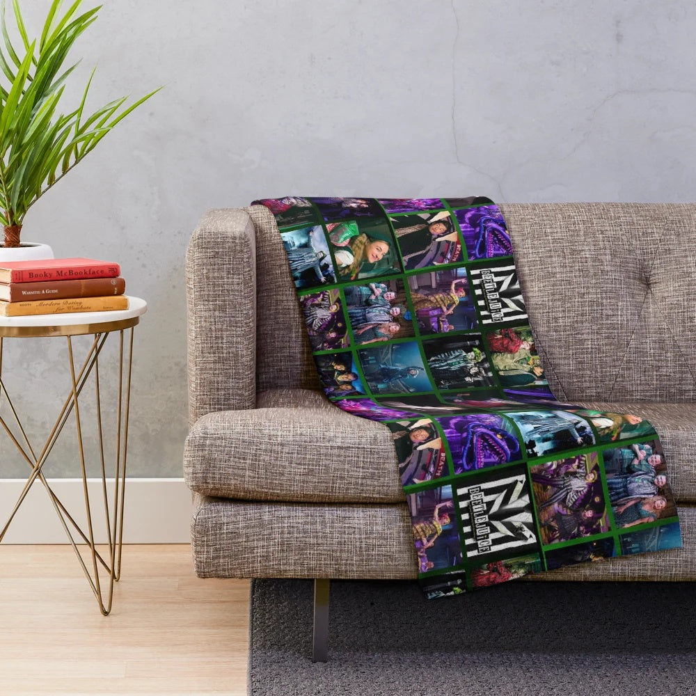 Beetlejuice-inspired plush blanket with the iconic character and musical design