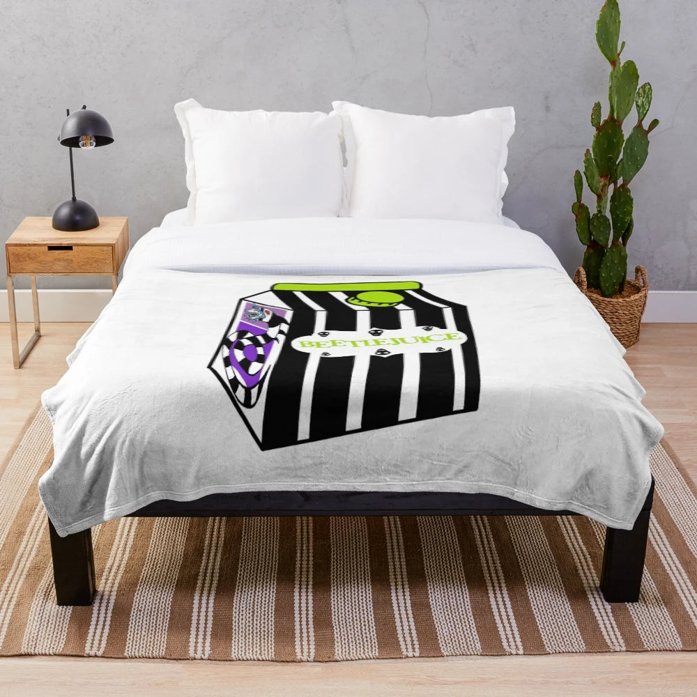 Beetlejuice inspired plush blanket featuring the iconic movie character