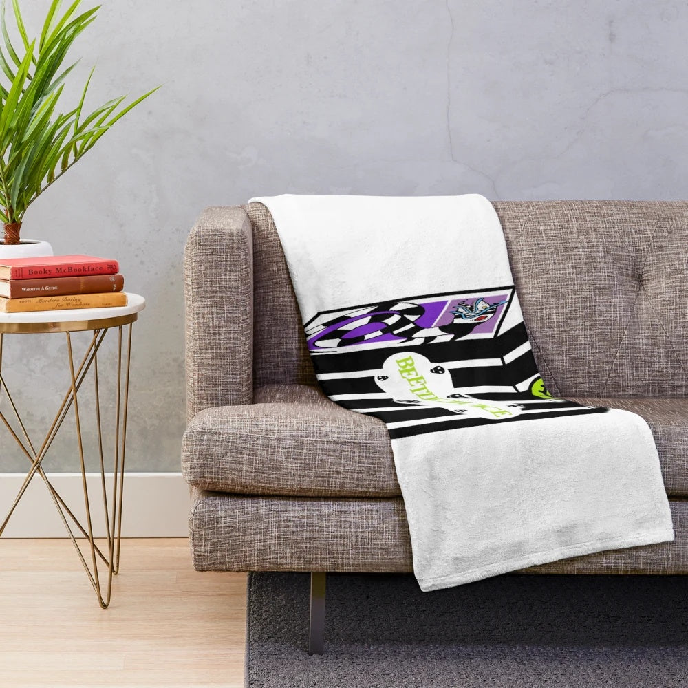 Beetlejuice inspired plush blanket featuring the iconic movie character