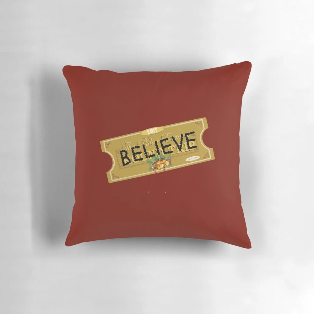 Soft, plush holiday pillow featuring the iconic Polar Express Santa ticket design