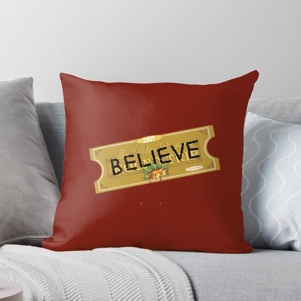 Soft, plush holiday pillow featuring the iconic Polar Express Santa ticket design