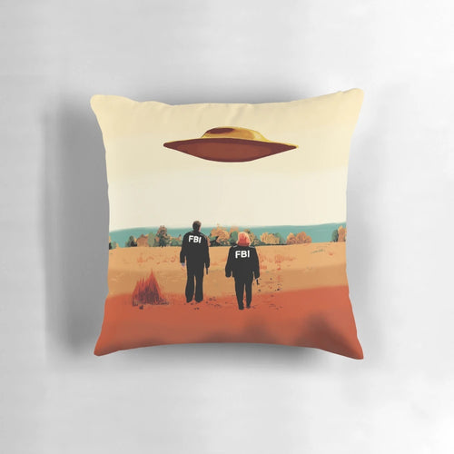 Soft, plush pillow featuring the iconic X-Files FBI logo and agents Mulder and Scully.
