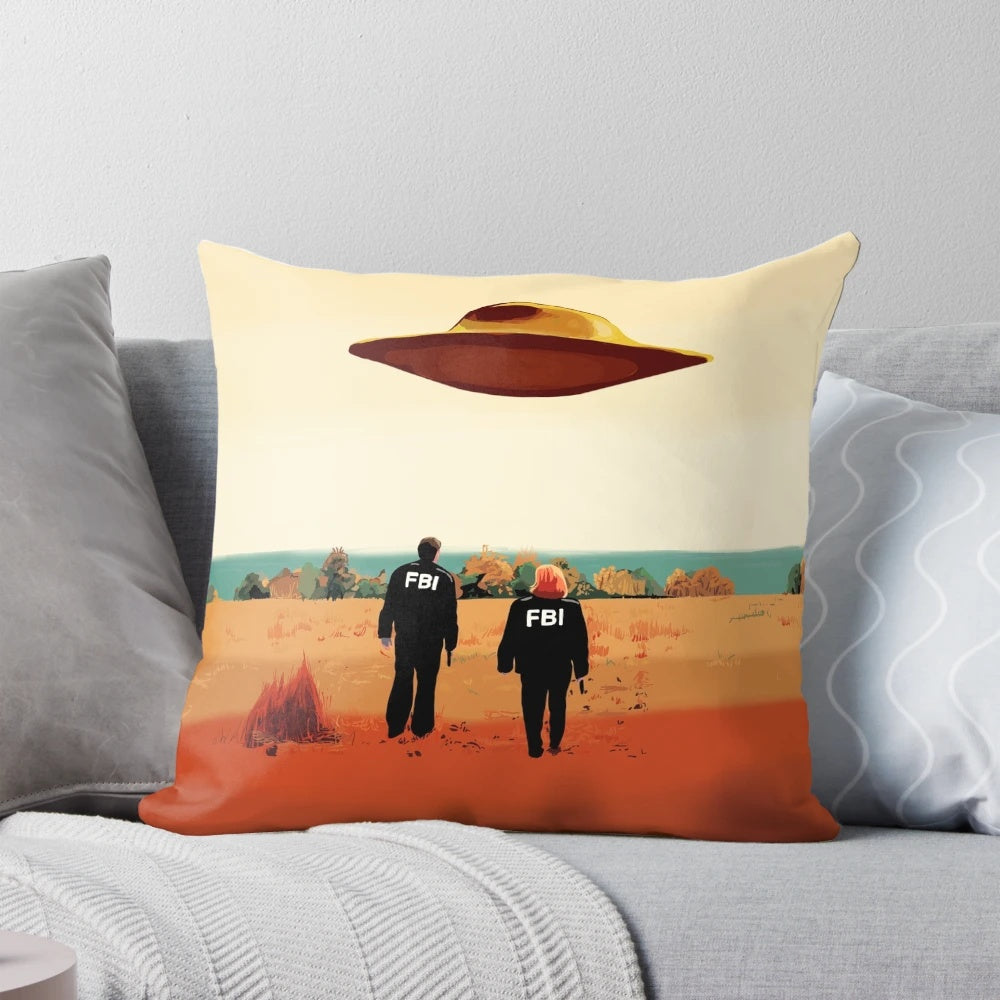 Soft, plush pillow featuring the iconic X-Files FBI logo and agents Mulder and Scully.