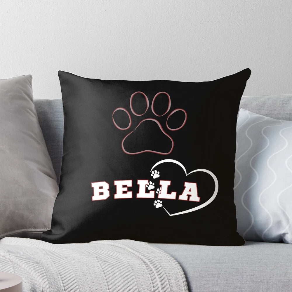 Bella dog names pillow with various dog breeds and funny pet quotes