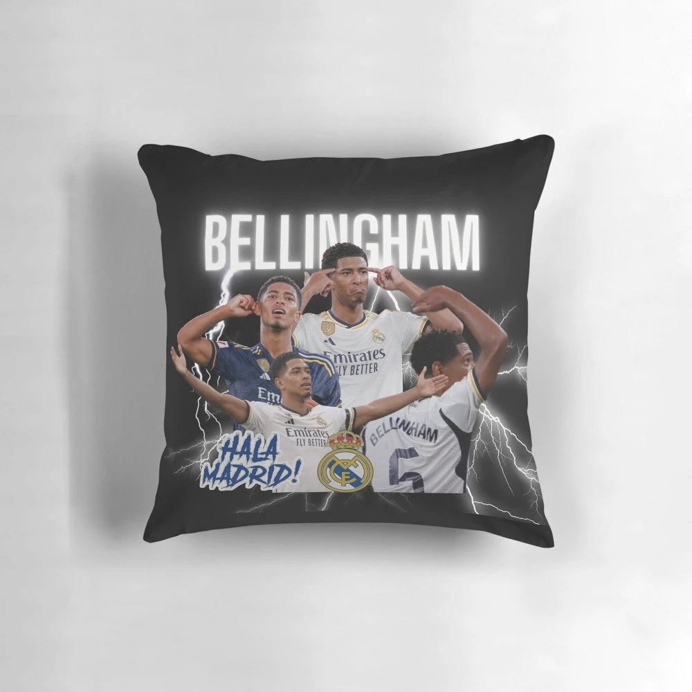 Bellingham Graphic Soccer Pillow with Jude Bellingham, England, and Real Madrid Football Celebration Designs
