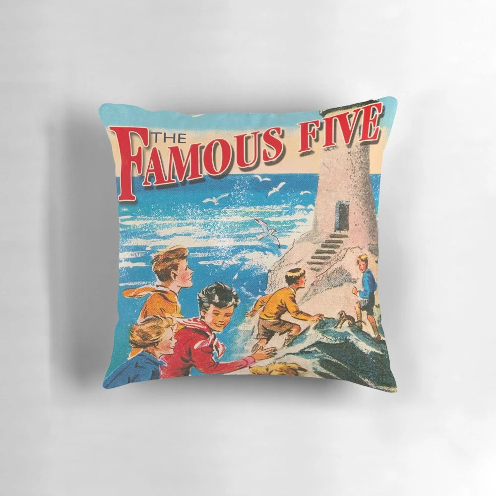 Cozy pillow featuring the iconic book cover design of the "Famous Five" series by Enid Blyton.