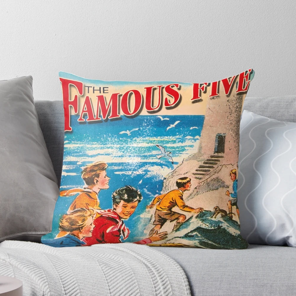 Cozy pillow featuring the iconic book cover design of the "Famous Five" series by Enid Blyton.