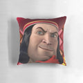 A plush, square throw pillow featuring a playful illustration of Lord Farquaad from the Shrek movies.