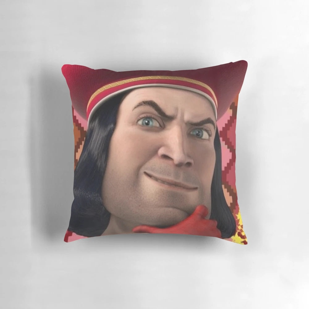 A plush, square throw pillow featuring a playful illustration of Lord Farquaad from the Shrek movies.
