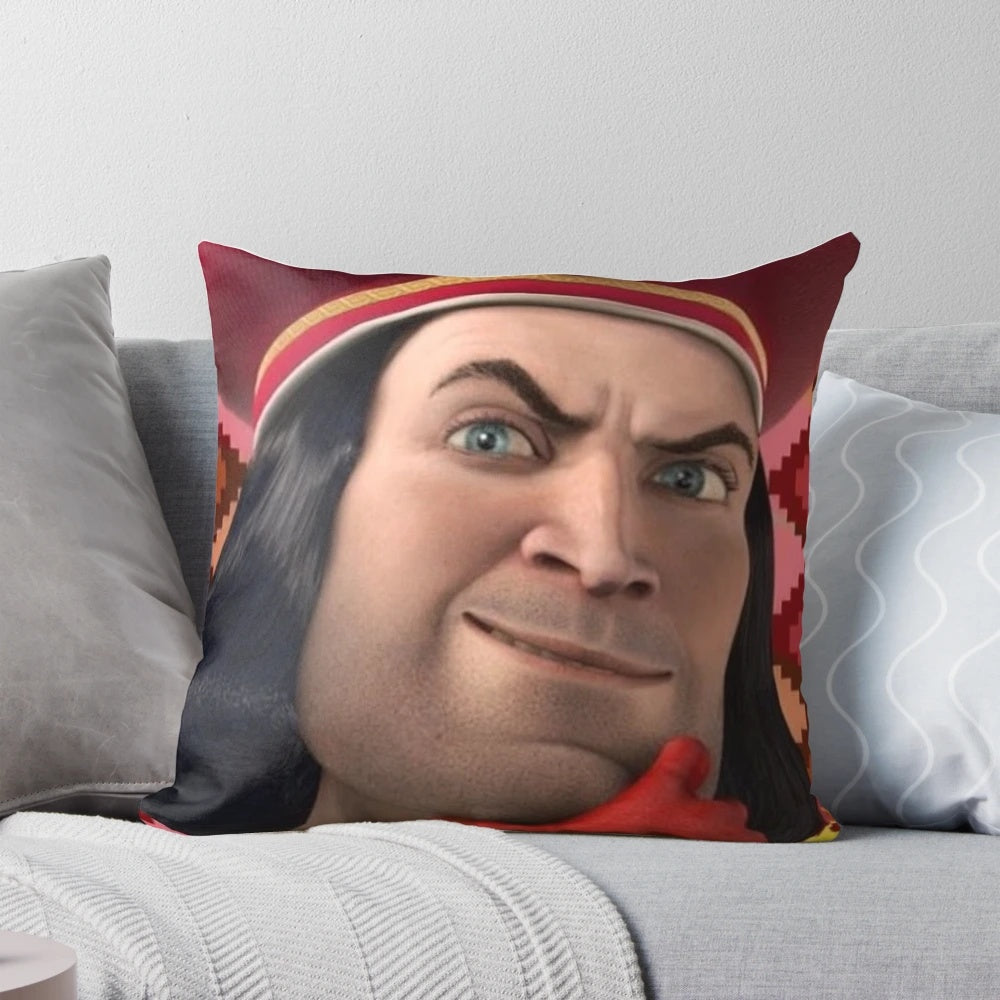 A plush, square throw pillow featuring a playful illustration of Lord Farquaad from the Shrek movies.