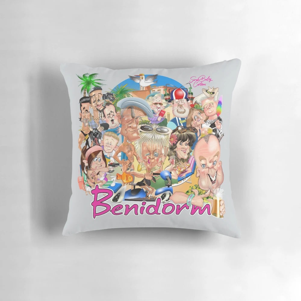 Benidorm-inspired decorative throw pillow featuring a coastal design