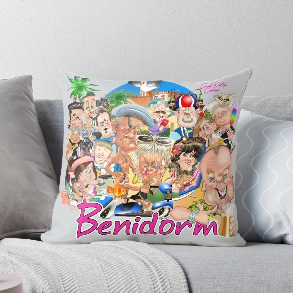 Benidorm-inspired decorative throw pillow featuring a coastal design