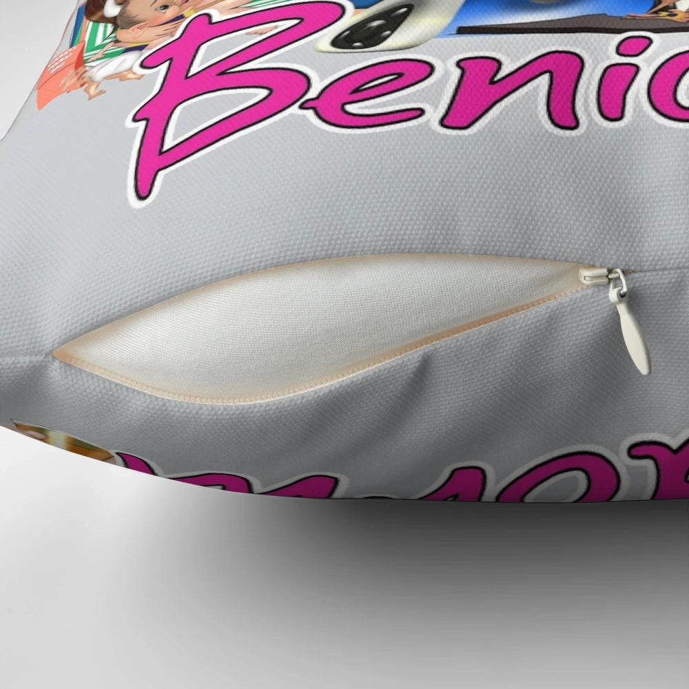 Benidorm-inspired decorative throw pillow featuring a coastal design