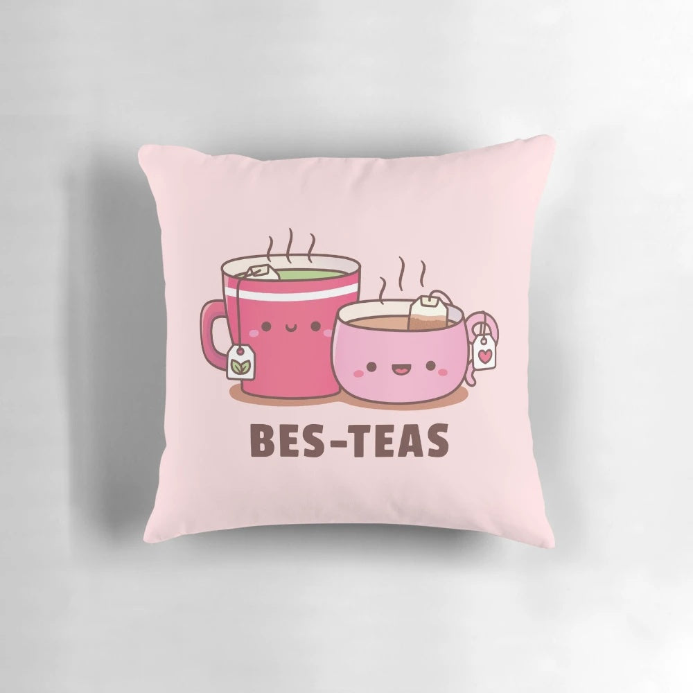 Cute pillow featuring teacups and the text "Best Teas Besties