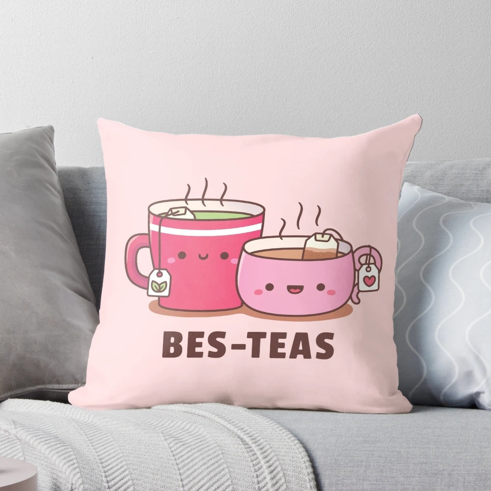 Cute pillow featuring teacups and the text "Best Teas Besties