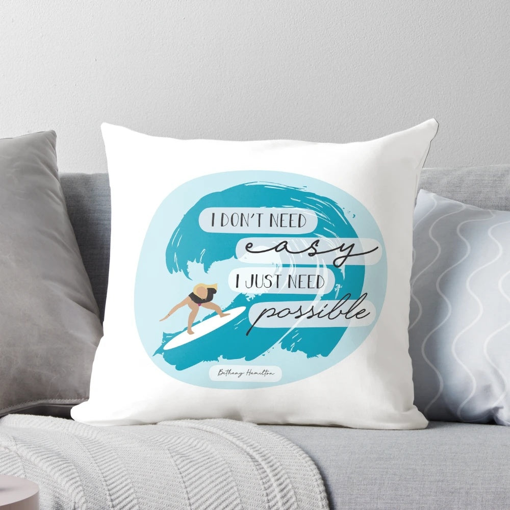 Bethany Hamilton inspirational surfer girl pillow featuring a motivational quote