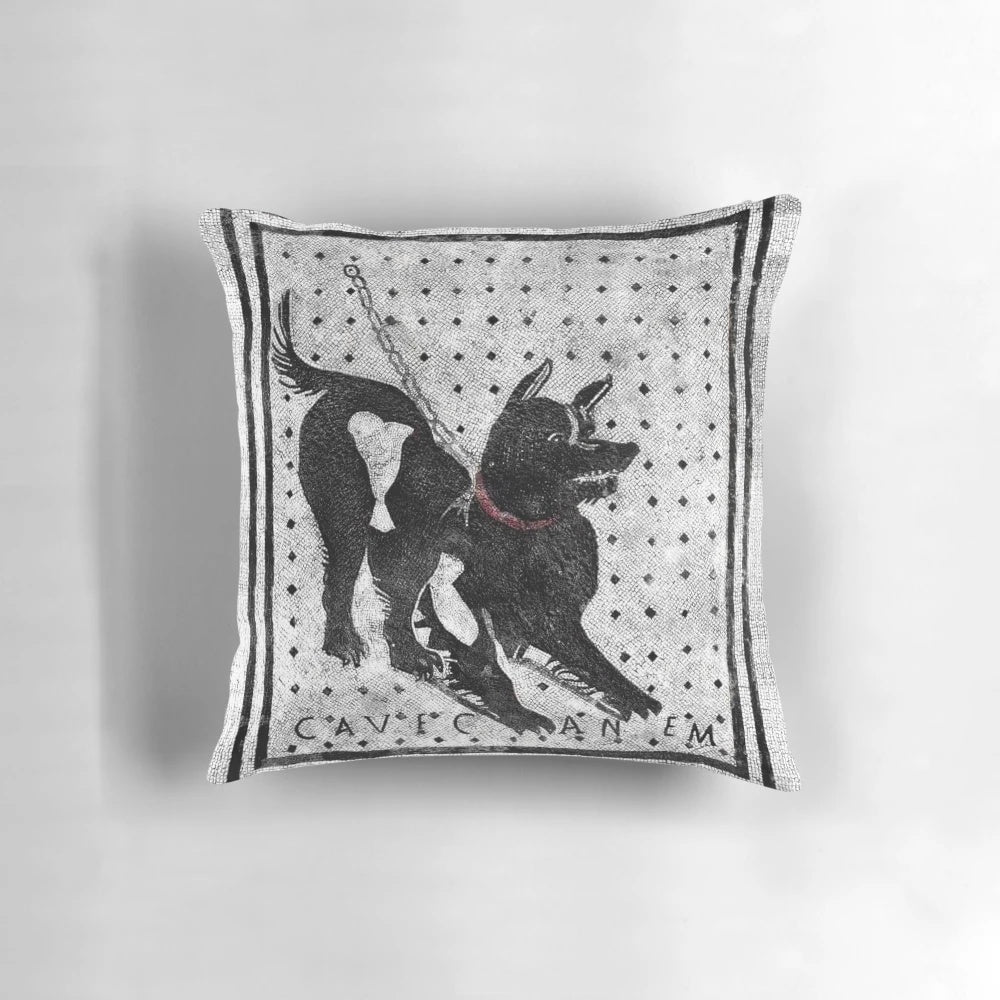 Ancient Roman mosaic depicting a "Beware of Dog" sign, showcased on a decorative throw pillow.