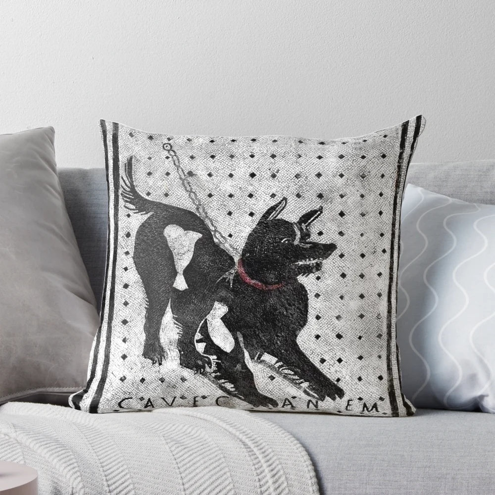 Ancient Roman mosaic depicting a "Beware of Dog" sign, showcased on a decorative throw pillow.