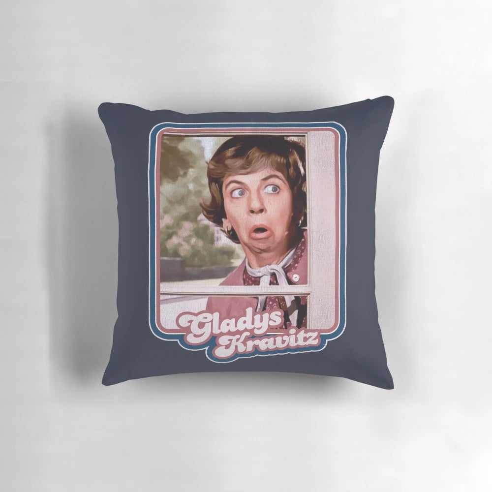 A plush pillow featuring the nosy neighbor Mrs. Gladys Kravitz from the classic TV show Bewitched.