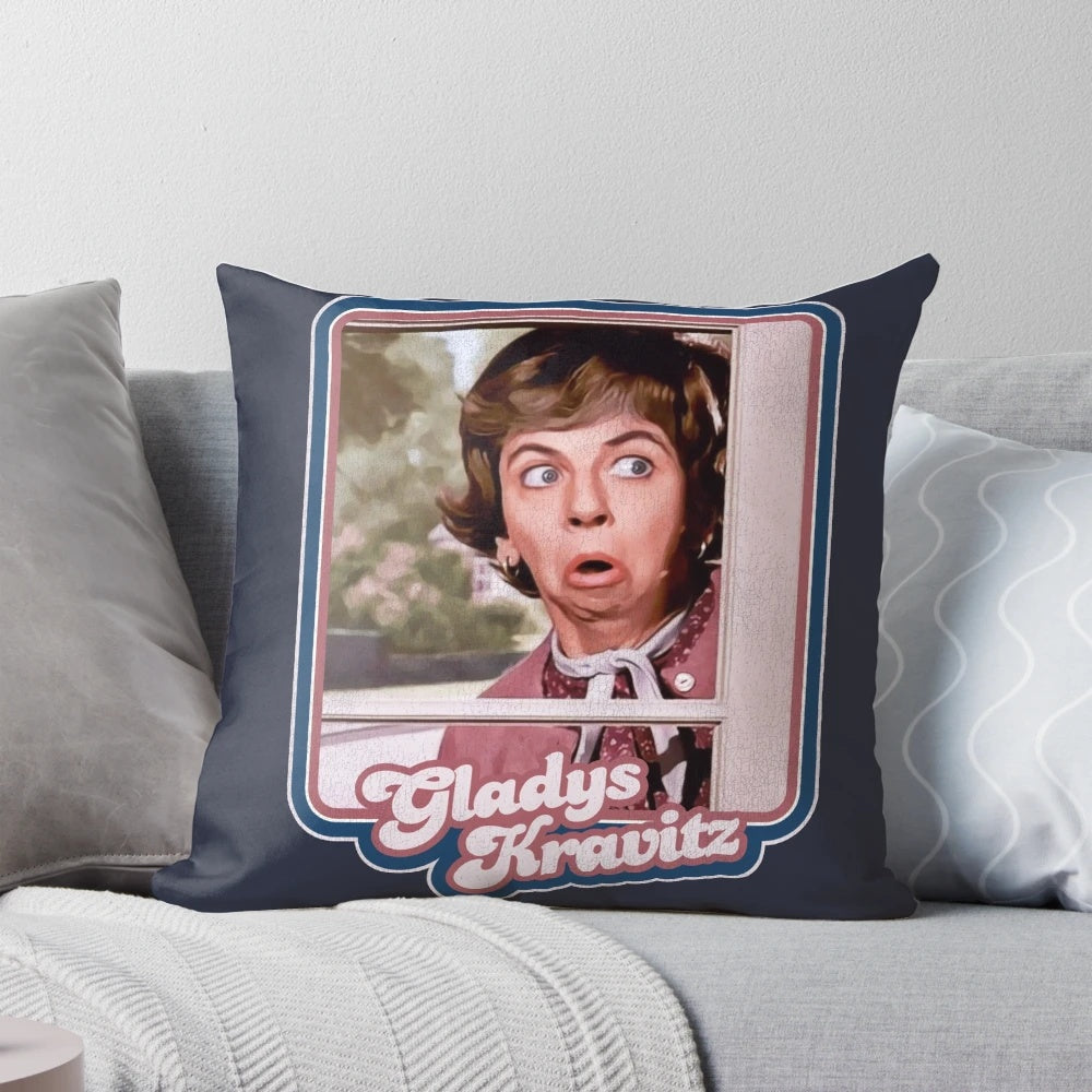 A plush pillow featuring the nosy neighbor Mrs. Gladys Kravitz from the classic TV show Bewitched.