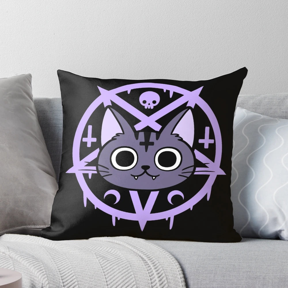 A black cat pillow featuring a whimsical, witchy design by Nikury