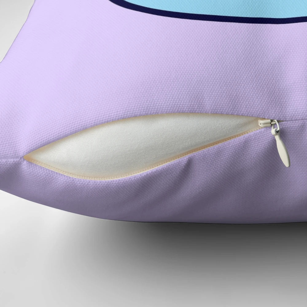 A black cat-themed throw pillow with a pastel goth, witchy design featuring a cat holding a cup of tea or coffee.