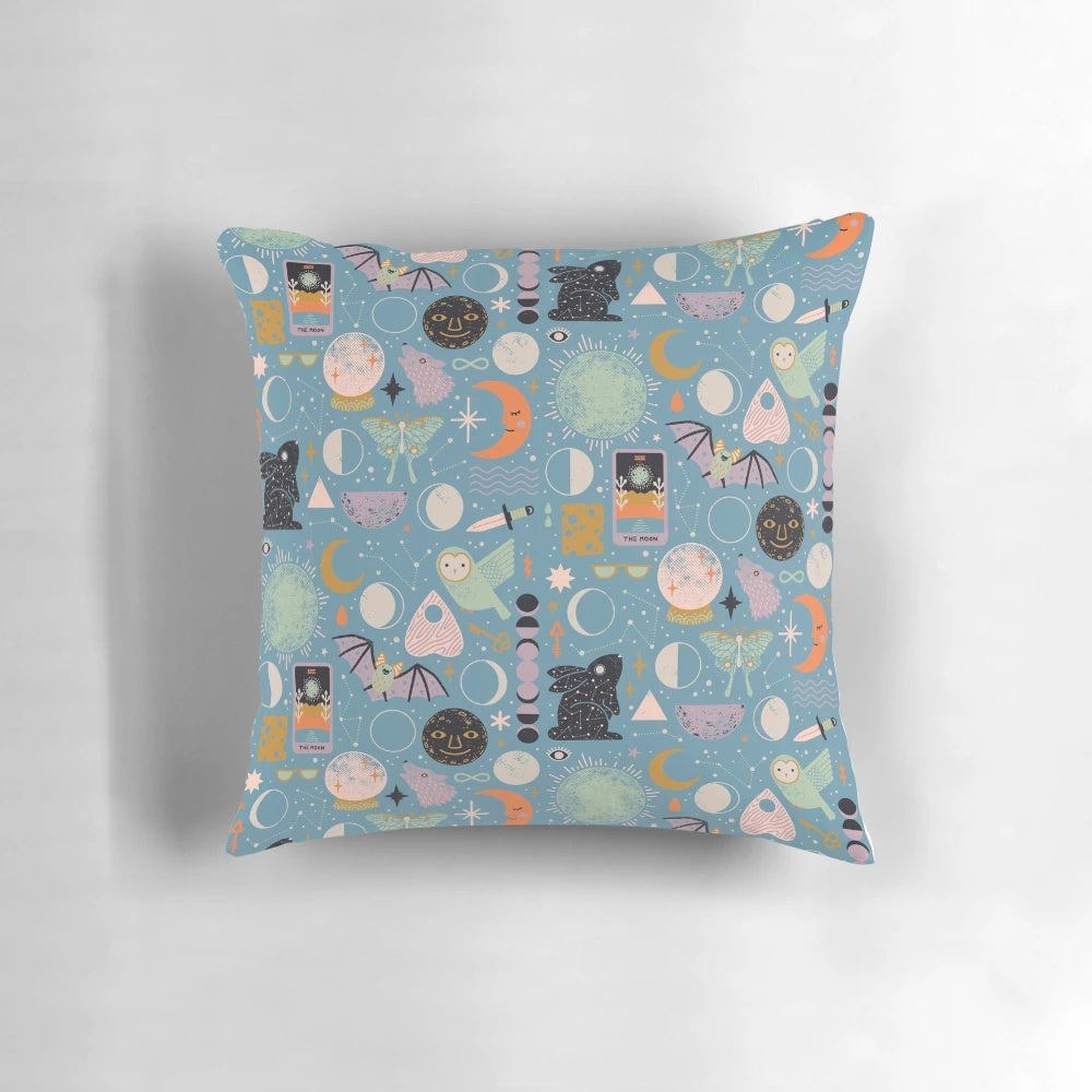 Lunar-inspired blue moon phase pillow with celestial, spooky, and witchy design elements