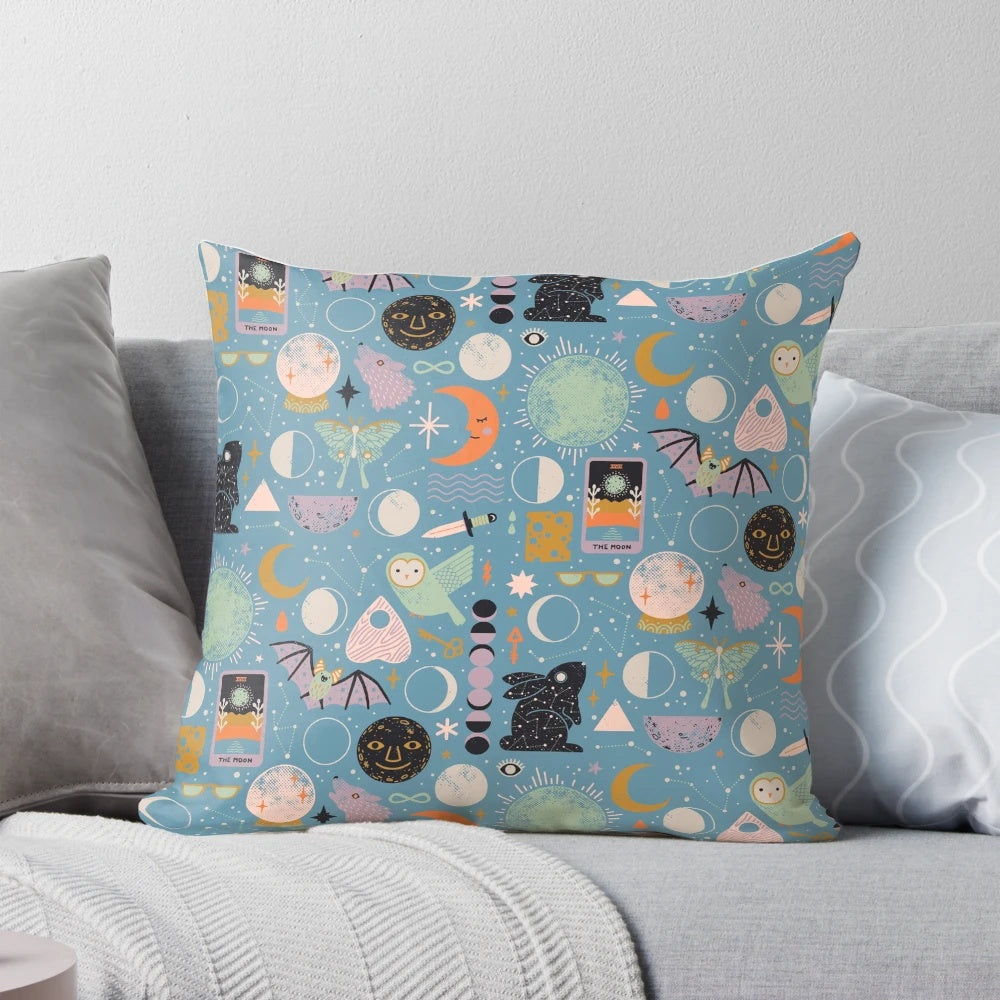 Lunar-inspired blue moon phase pillow with celestial, spooky, and witchy design elements
